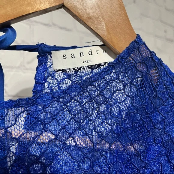 Sandro Paris Mikka Lace Dress Blue Tie Back Mini Fit & Flare Party Cocktail - Picture 6 of 11
